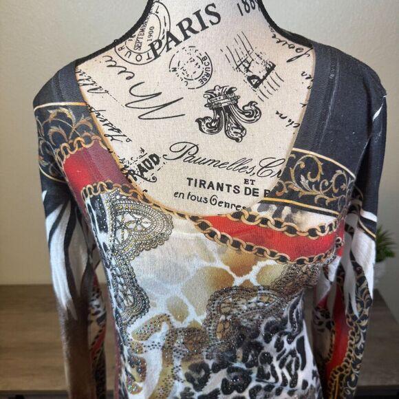 Vintage Cache Y2k Long Sleeve Lightweight Blouse Rhinestone Animal Print Size M - Picture 3 of 10